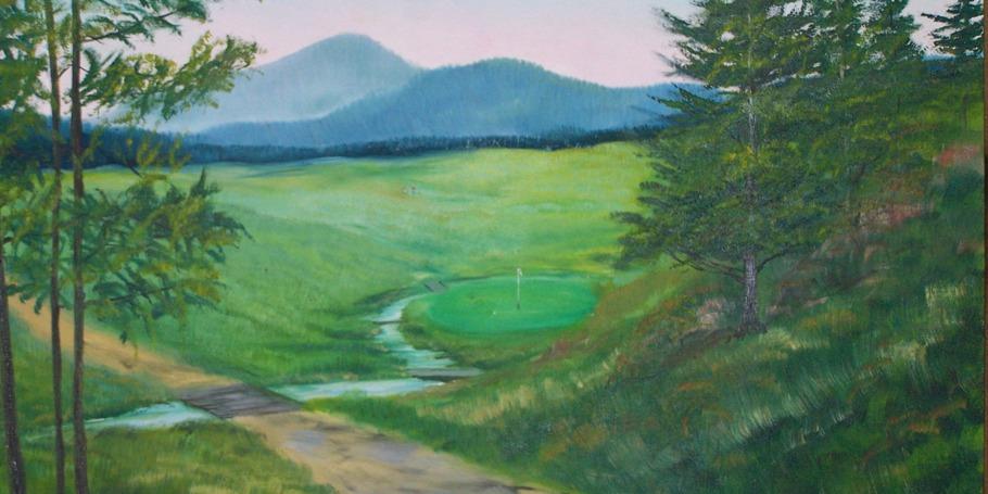 Painting of number 5 green surrounded by brook.